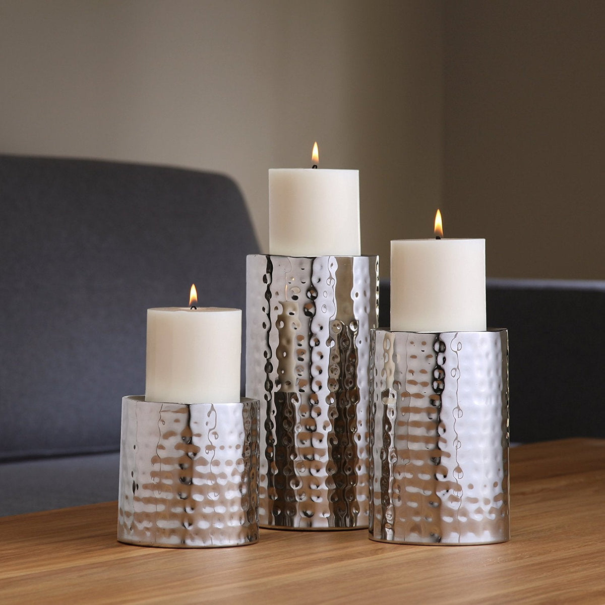 Pillar Candle Holders, Silver Finish, Set of 3,  7", 5" 3" High