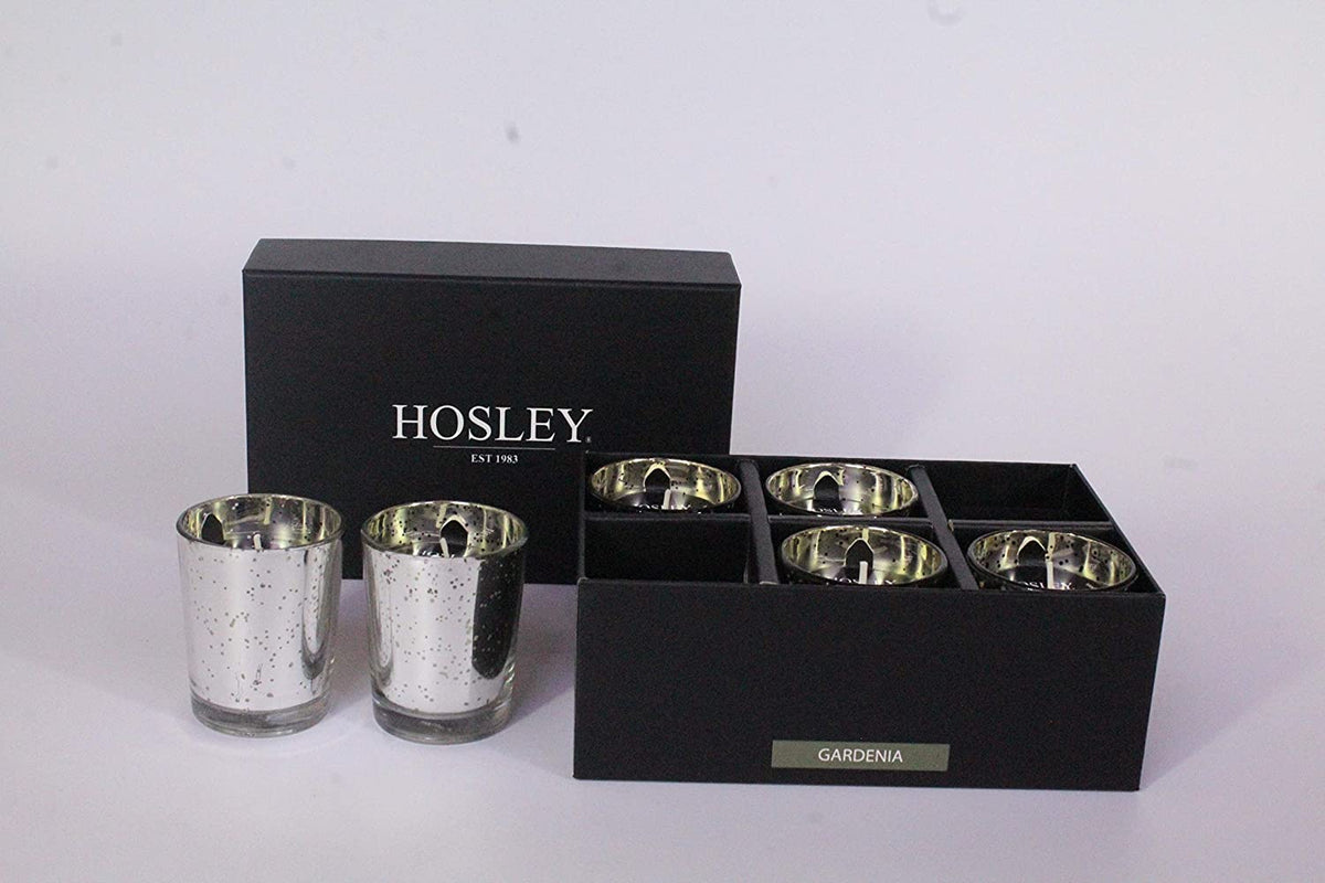 6 Pk. Highly Fragranced Gardenia Bouquet Filled Mercury Glass Votive Candles.