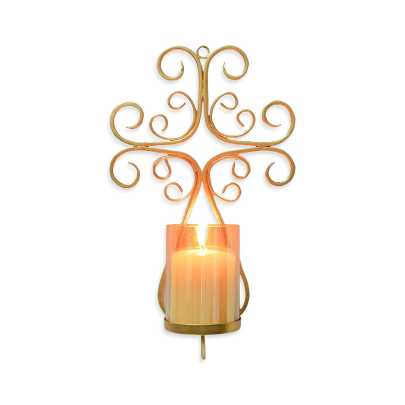 Hosley Metal Gold Wall Sconce with Glass Candle Holder 13" High Set of 2. Pillar Candle Holders Decorative Iron Sconces for Home Decor Cross Shape Design