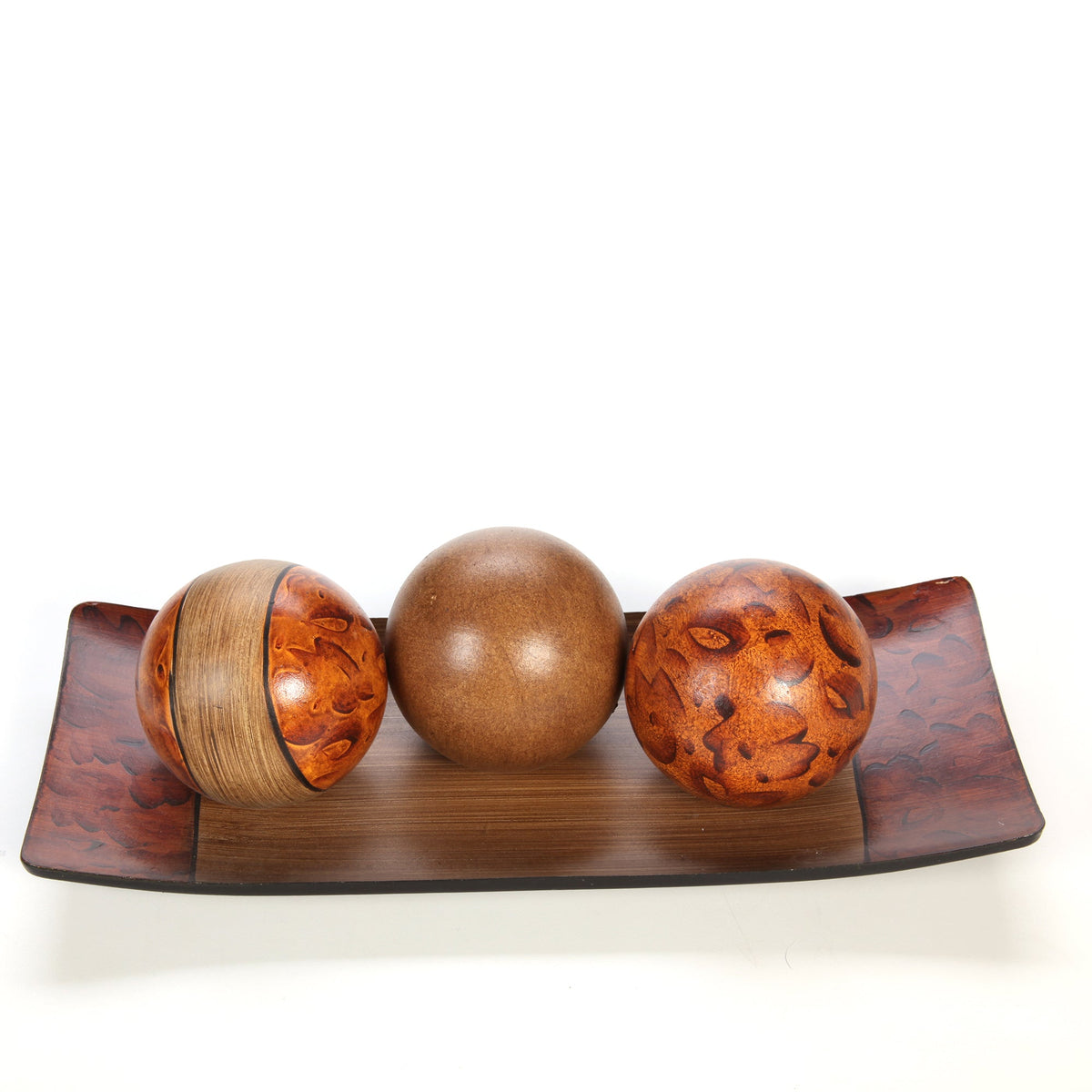 Brown Hand Painted Pattern Decorative Bowl Tray and Orb Ball Set 15 Inches Long Burlwood Style Finish Ideal Gift for Weddings Party Spa Reiki Meditation Settings O3