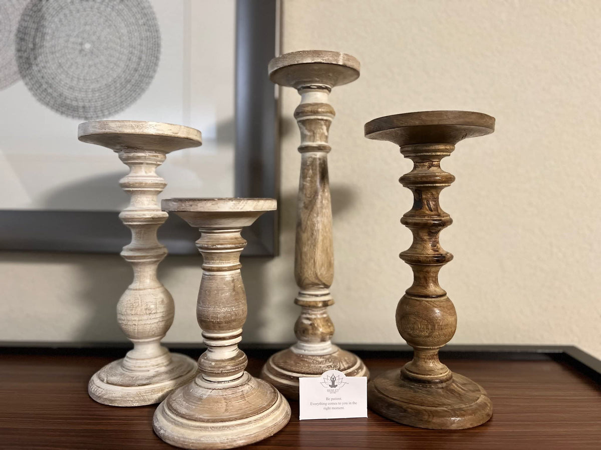 Hosley 14" High Wood Candlestick for Pillar Wax Candles/Flameless Candle. Distress Finish Candleholder. Ideal Gift for Wedding, Home, Spa, Reiki, Aromatherapy, Votive Candle Gardens O4