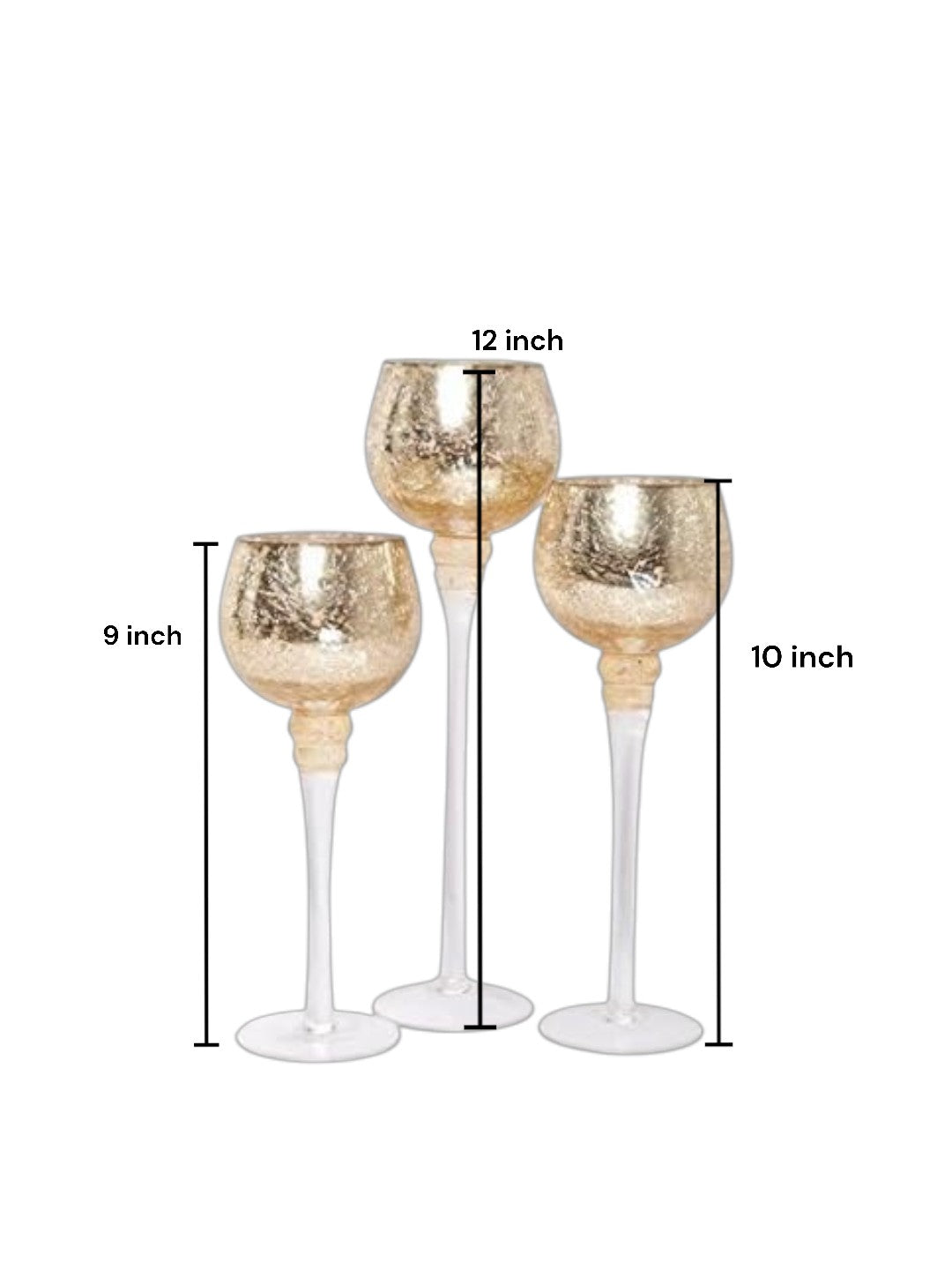 Long Stem Glass Crackle Tealight Holders, Metallic Gold Finish, Set of 3,   9", 10" & 12"High