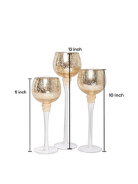 Long Stem Glass Crackle Tealight Holders, Metallic Gold Finish, Set of 3,   9", 10" & 12"High