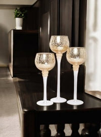 Long Stem Glass Crackle Tealight Holders, Metallic Gold Finish, Set of 3,   9", 10" & 12"High