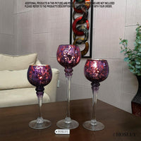 3 Sets Crackle Purple Glass Tealight Holders Set /3-12 Inch, 10 Inch, 9 Inch Ideal for Weddings Special Events Parties Also Makes a Great Gift