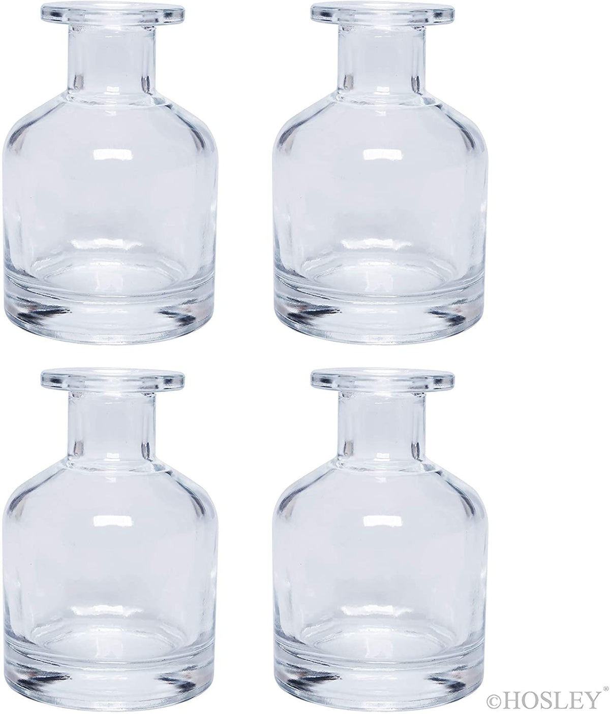 Set of 4 Glass Clear Bottles- 3.8 Inch High. Ideal Farmhouse Gift for Wedding, Party, Use with Essential Oils, Replacement Diffusers & Reed Sticks, DIY, Crafts, Spa