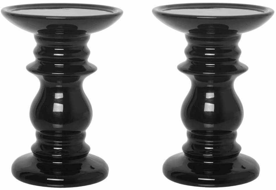 Ceramic Pillar Candle Holders, Black Glazed, Set of 2, 6 inches High each