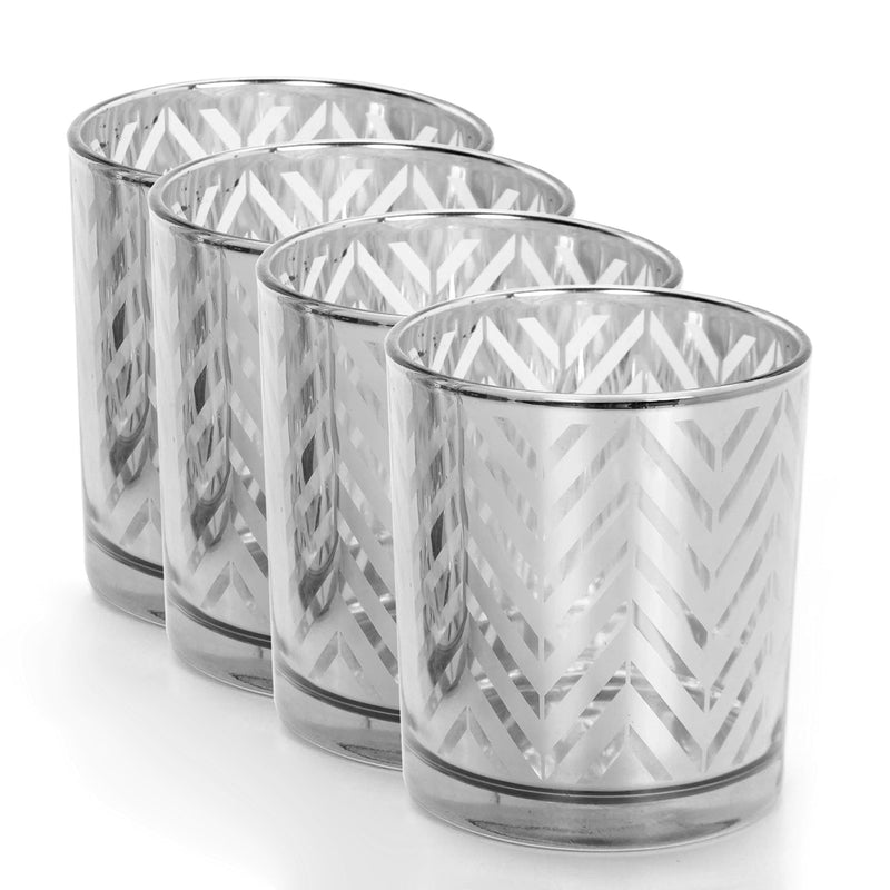 Hosley Set of 4 Silver Metallic Chevron Glass LED Tealight Holders 3.15 Inch High. Large Size Ideal for Wedding Party Favor Spa Home Bridal Reiki Meditation Votive Candle Garden. O9