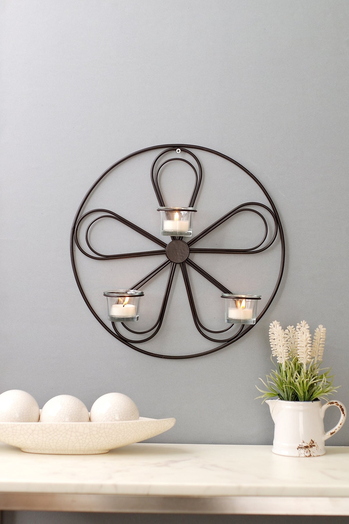 Hosley Large Floral 13.5 Inch Diameter Tea Light Candle LED Farmhouse Wall Sconce. Ideal Gift for Weddings, Special Occasions, and for Wall Decor, Home, Spa, Aromatherapy, Reiki, LED Candle Garden. O9