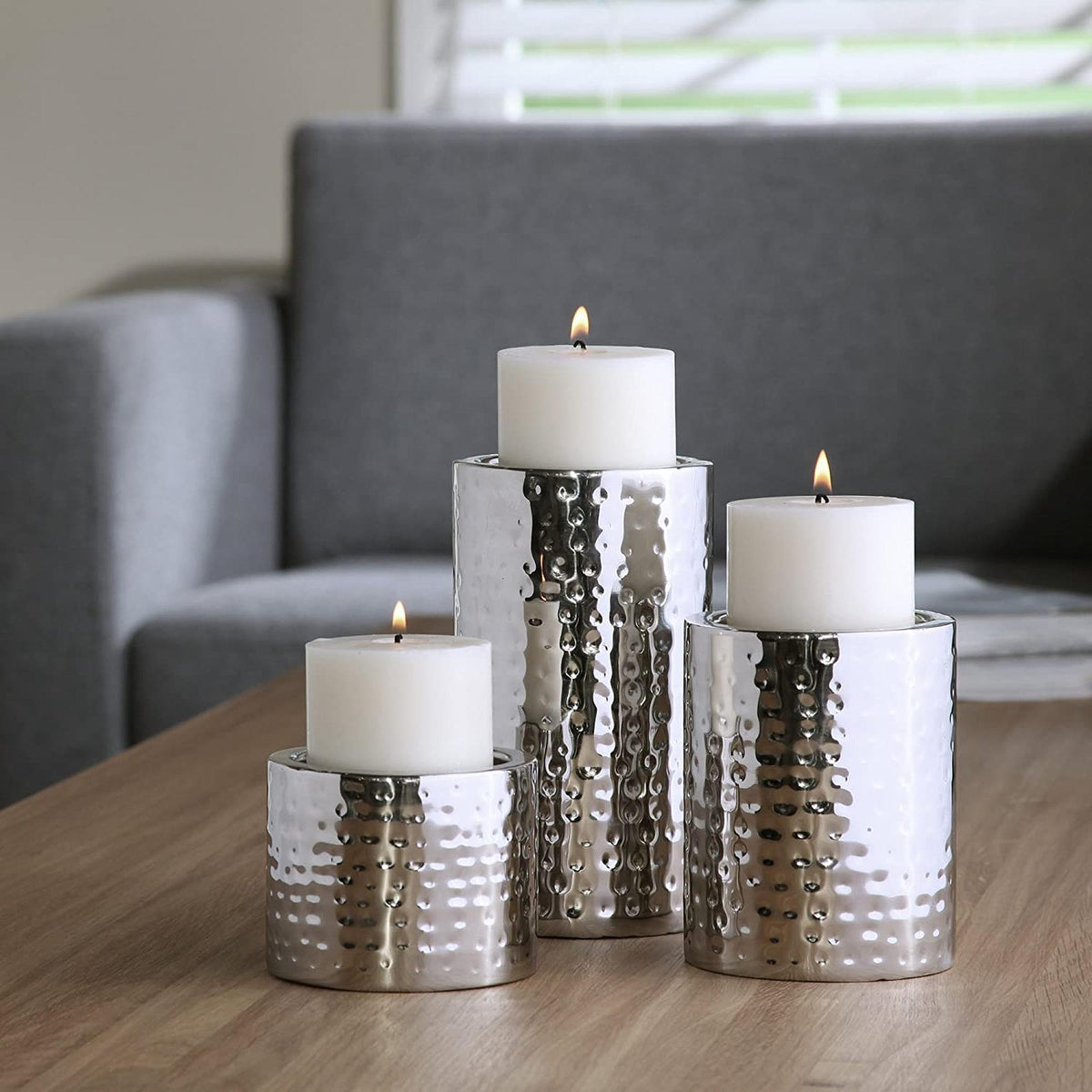 HOSLEY®   Pillar Candle Holders, Silver Finish, Set of 3,  7", 5" 3" High