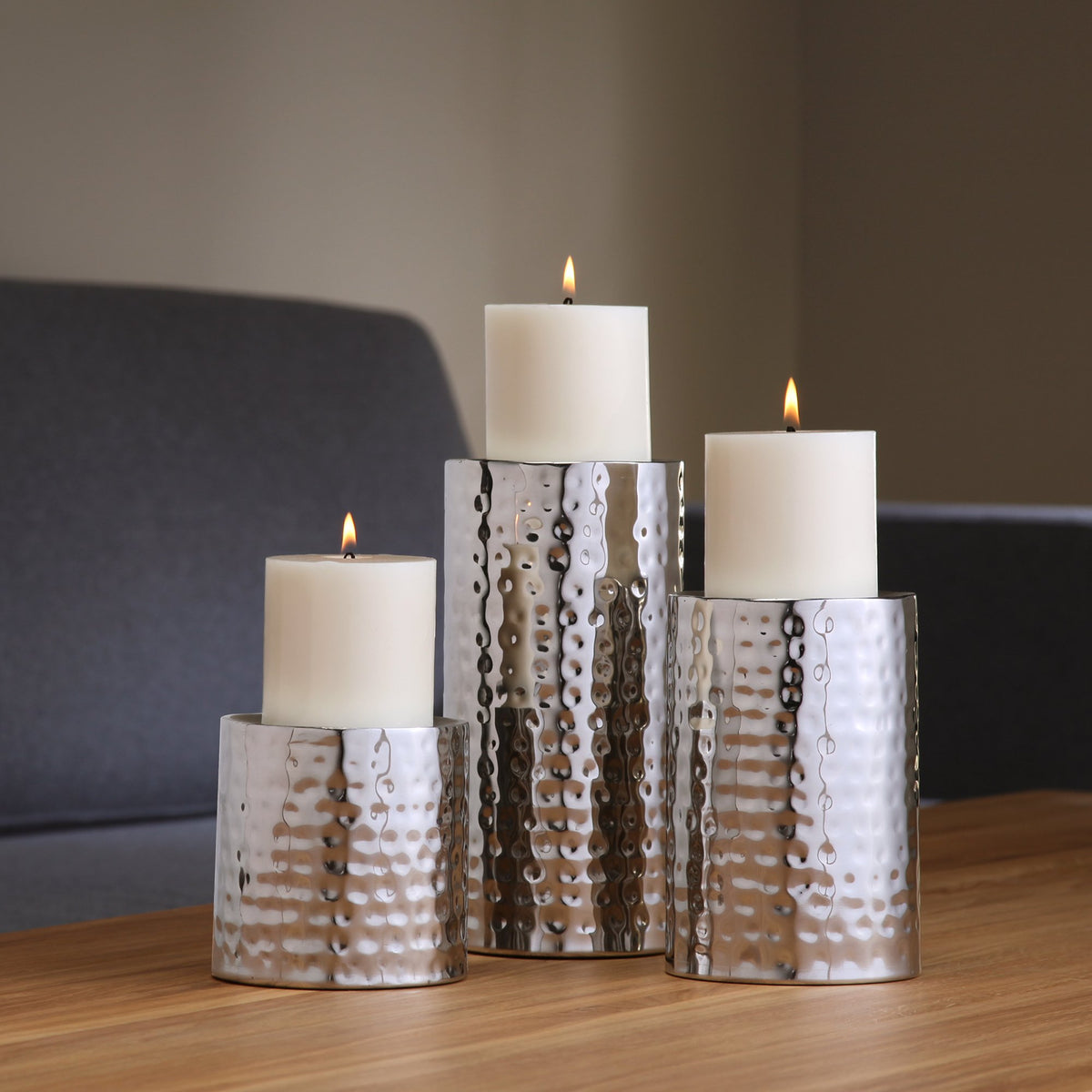 Hosley's Set of 3 Pillar Candle Holders/Vases Silver Finish 7 Inch 5 Inch 3 Inch High. Ideal Gift for Wedding Party Home SPA Aromatherapy Reiki Tea Light Garden LED Pillar Candles O3