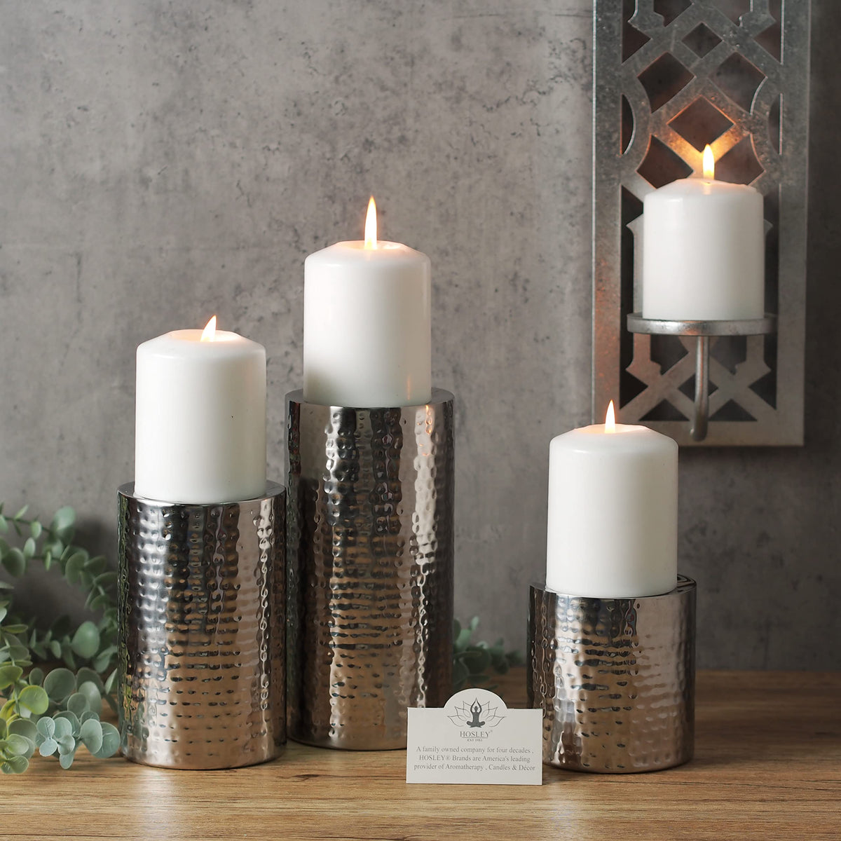 Hosley's Set of 3 Pillar Candle Holders/Vases Silver Finish 7 Inch 5 Inch 3 Inch High. Ideal Gift for Wedding Party Home SPA Aromatherapy Reiki Tea Light Garden LED Pillar Candles O3