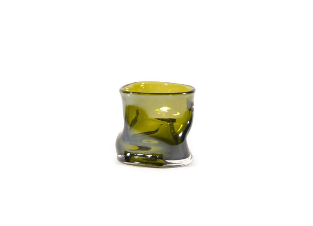 Glass Crumple Vase / Candle Holder, Olive Color, 4 inches Diameter