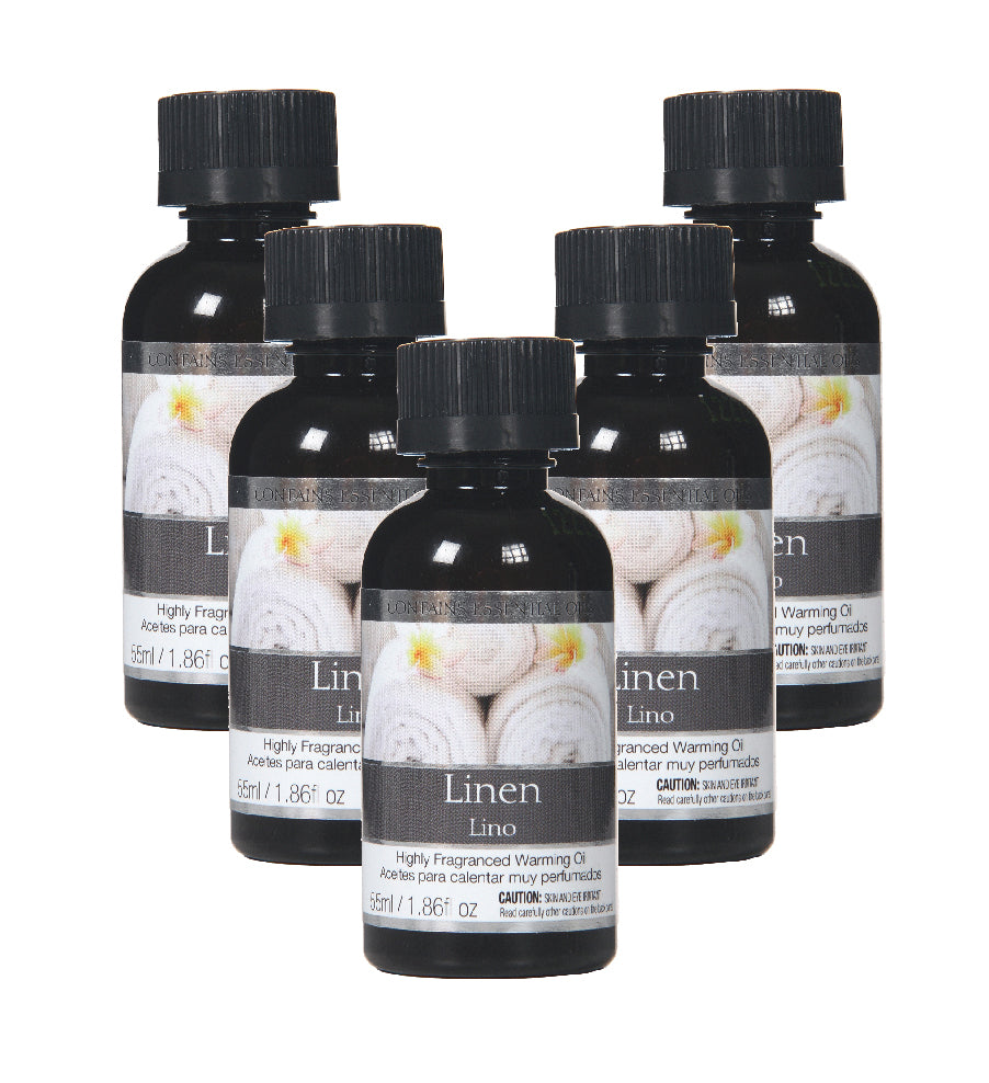 Linen Highly Scented Fragrance Warming Oils, Box of 5, 55 ml 1.86oz ea. Ideal Gift for Weddings, spa, Reiki, Meditation, Bathroom Settings W1