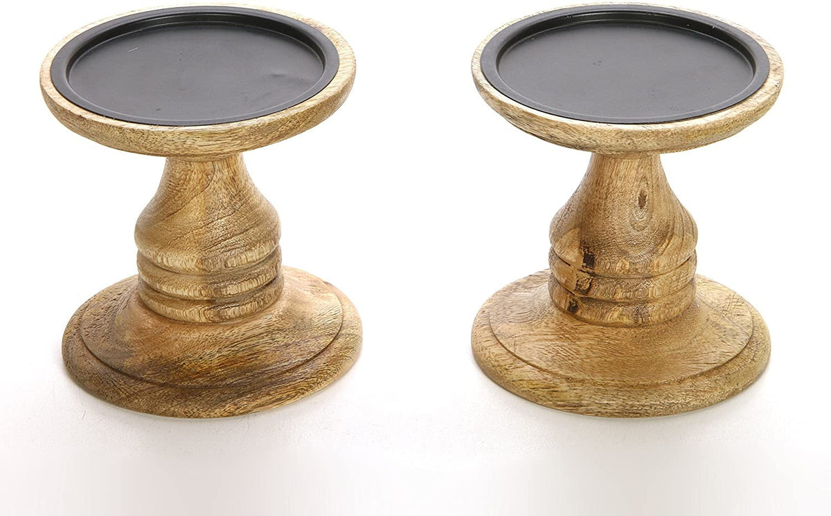 Set of 2 Brown Wood Pillar Holders 5 Inch High. Ideal Gift for Home Wedding Spa and Aromatherapy Settings. O3