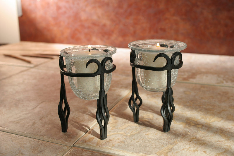 Hosley Set of 2 Farmhouse Spindle Candle Stand with Crackle Glass Tealight LED Candle Holders 4 Inch High Ideal GIFT Wedding Spa Bridal Aromatherapy Reiki Chakra LED Votive Candle Garden Setting O5