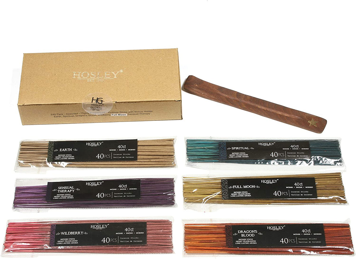 Sensory Symphony 240-Pack Assorted Highly Fragranced Incense Sticks Dragon's Blood, Earth, Full Moon, Sensual Therapy, Spiritual, Wildberry Aromatherapy for Relaxation, Meditation.