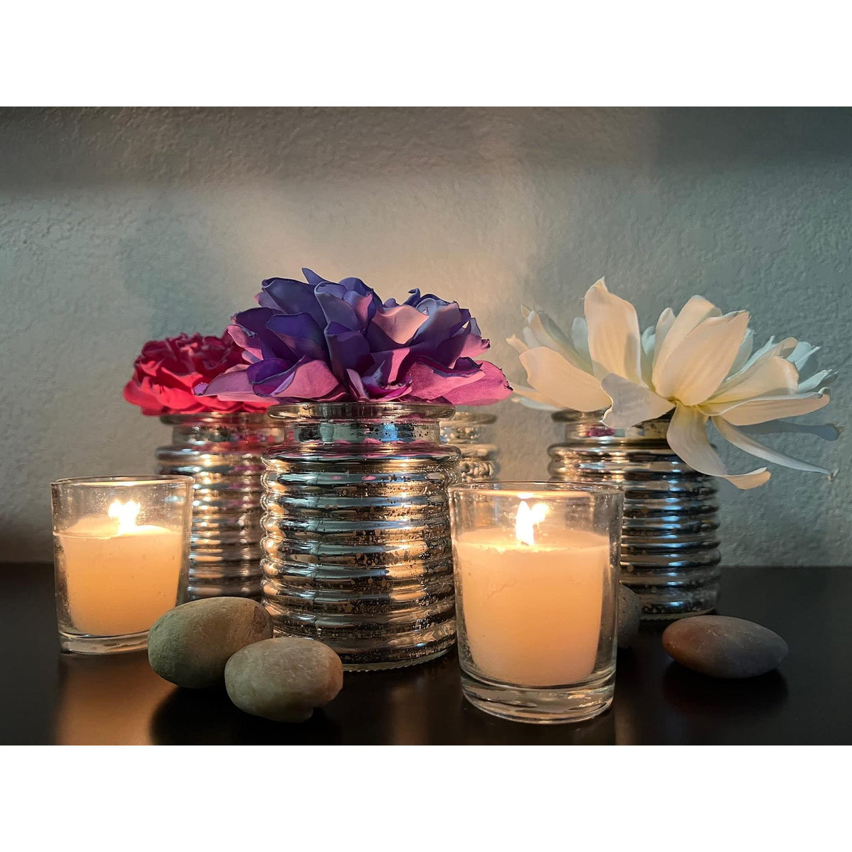 HOSLEY®  Glass Tealight Candle Holder, Silver Finish, Set of 4, 3.54 inches High each