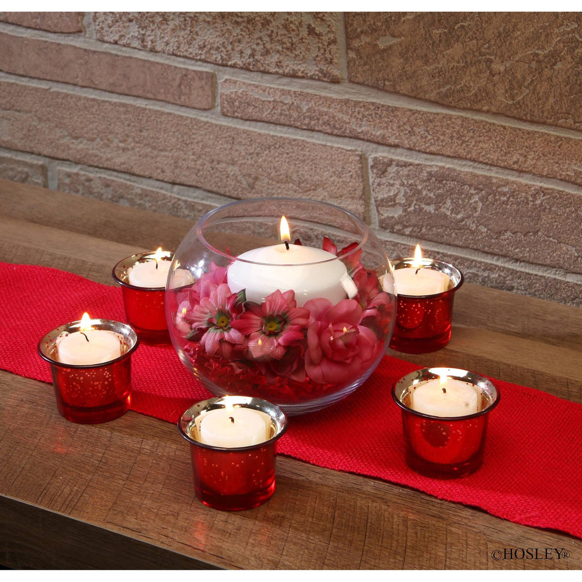 HOSLEY®   Glass Candle Tealight Holders, Metallic Red Finish, Set of 6