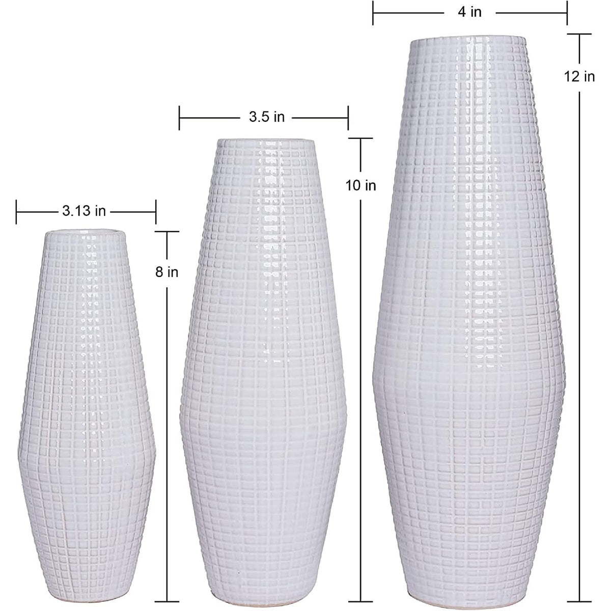 HOSLEY® Ceramic Textured Vase, White Glazed, Set of 3,  12", 10", 8" High