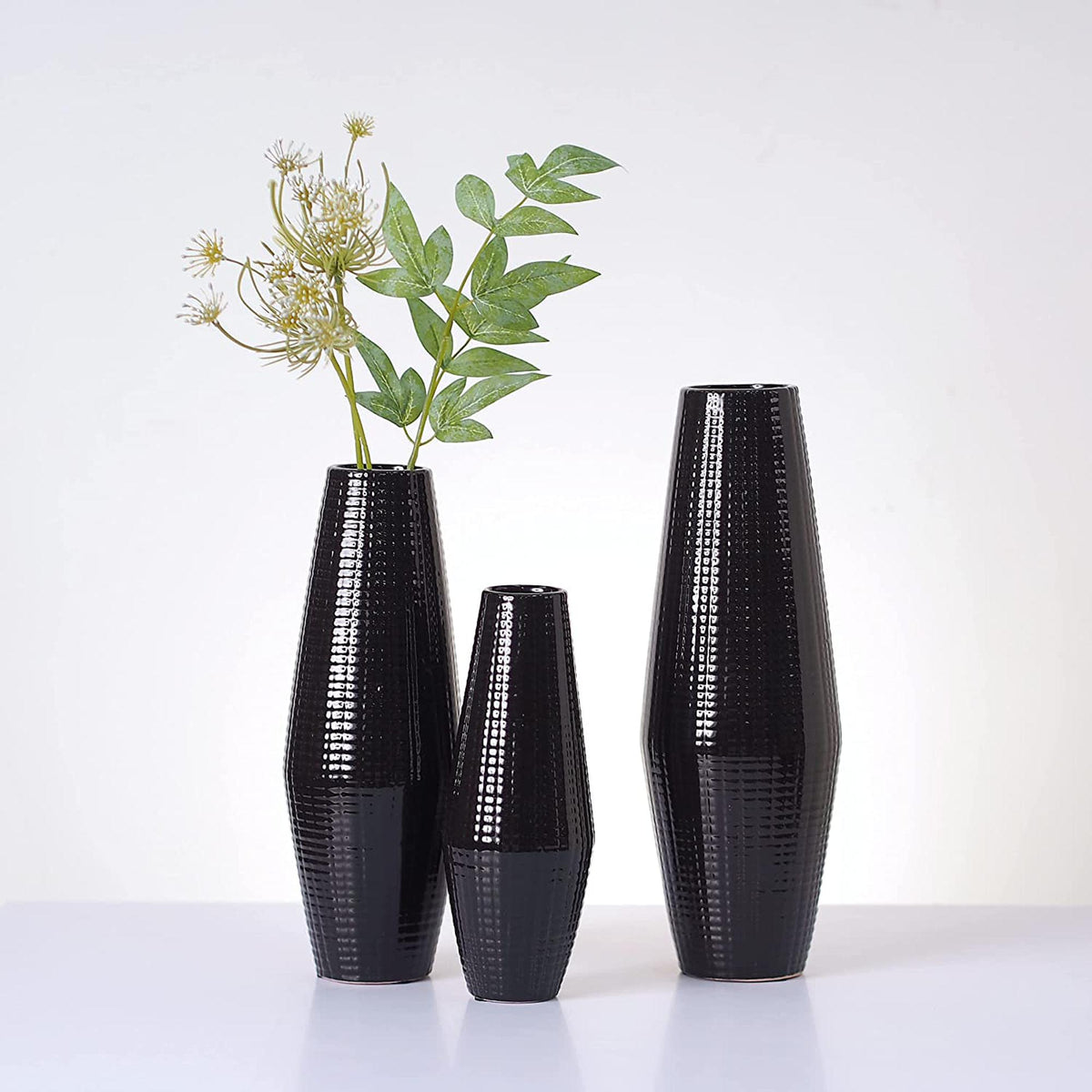 HOSLEY® Ceramic Textured Vase, Black Glazed,  Set of 3, 12", 10", 8" High