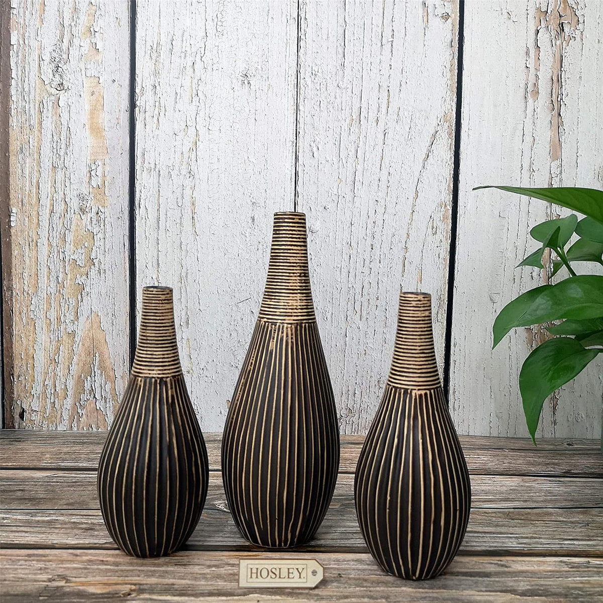 HOSLEY® Ceramic Textured Bud Vase, Brown Glazed,  Set of 3, Large 9 "H,  2 pcs Small 7"H