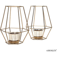 HOSLEY®  Iron Lantern With Metallic Gold Glass Tealight holders, Set of 2, 7 inches High each