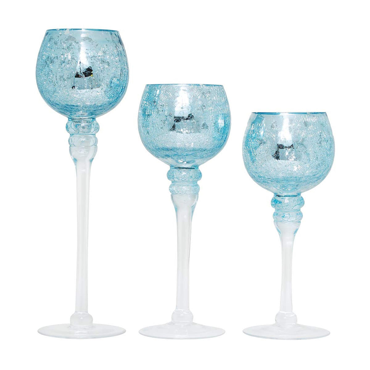 HOSLEY® Long Stem Glass Crackle Tealight Holders, Metallic Blue Finish, Set of 3,   9", 10" & 12"High