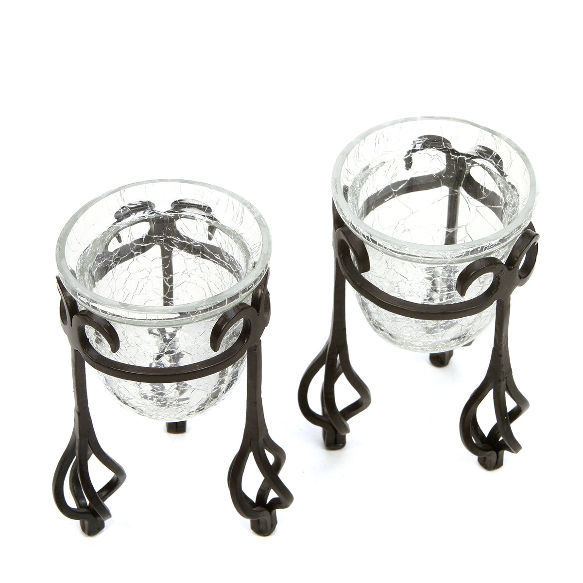 HOSLEY®  Iron Spindle Stand with Crackle Glass Candle Holders, Set of 2, 4 inches High each