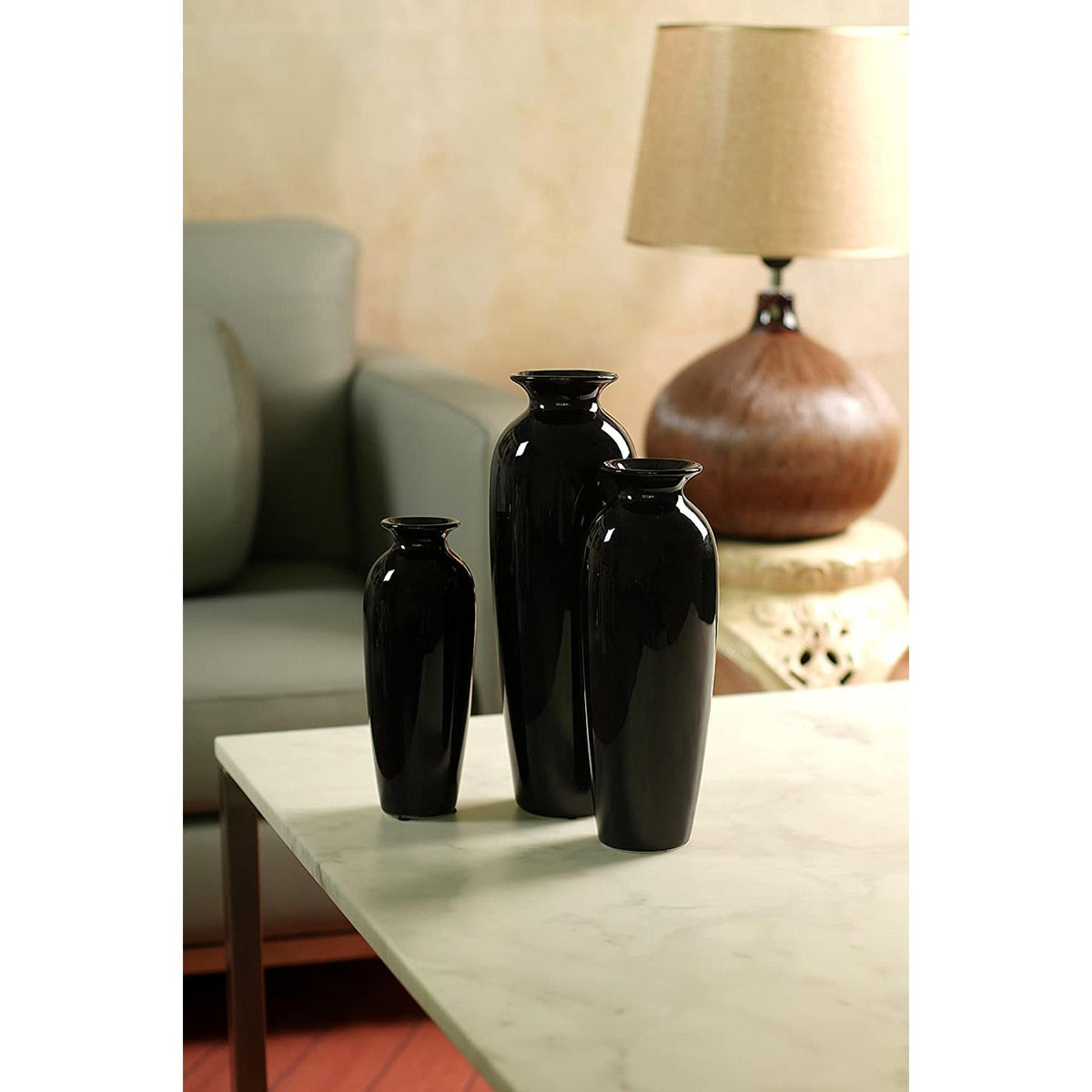 HOSELY®  Ceramic Vase Set,  Black Glazed,  Set of 3,  12"H, 10"H, 8"H