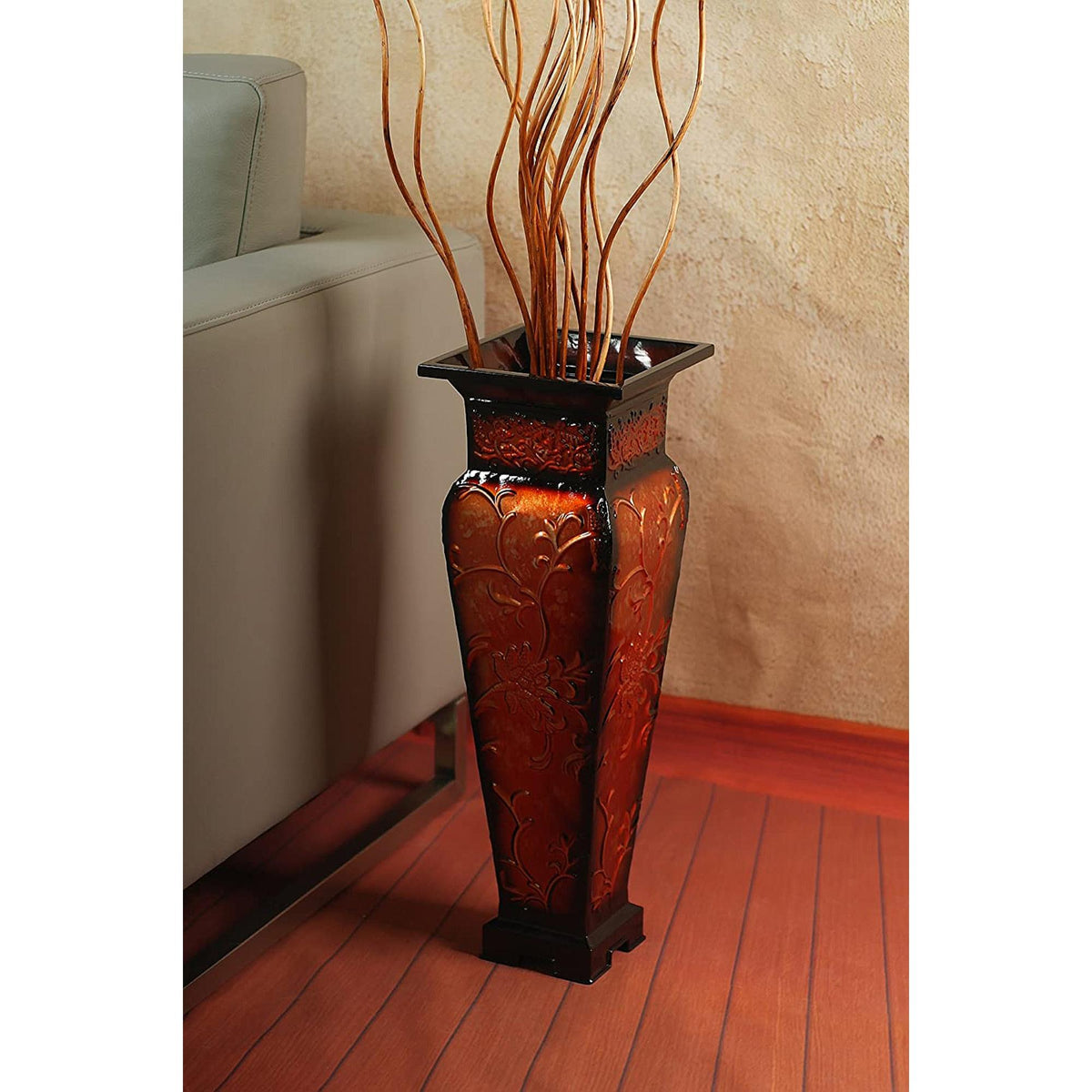 HOSLEY®  Metal Embossed Vase,  Red Finish, 21.25 inches High