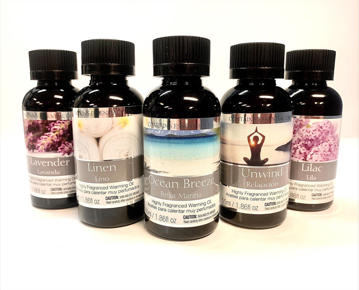 Set of 5 Assorted Fragrance Warming Oils 55ml Each-Lavender, Linen, Ocean Breeze, Unwind, Lilac. Ideal for spa Meditation Bathroom Wellness