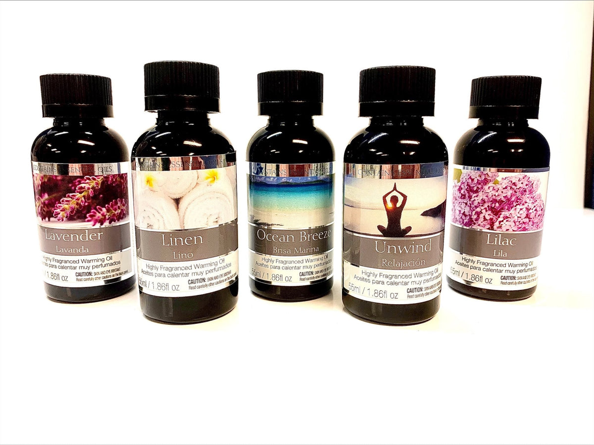 Set of 5 Assorted Fragrance Warming Oils 55ml Each-Lavender, Linen, Ocean Breeze, Unwind, Lilac. Ideal for spa Meditation Bathroom Wellness