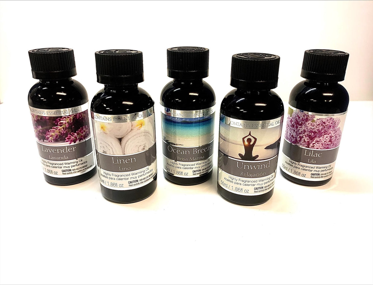 Set of 5 Assorted Fragrance Warming Oils 55ml Each-Lavender, Linen, Ocean Breeze, Unwind, Lilac. Ideal for spa Meditation Bathroom Wellness