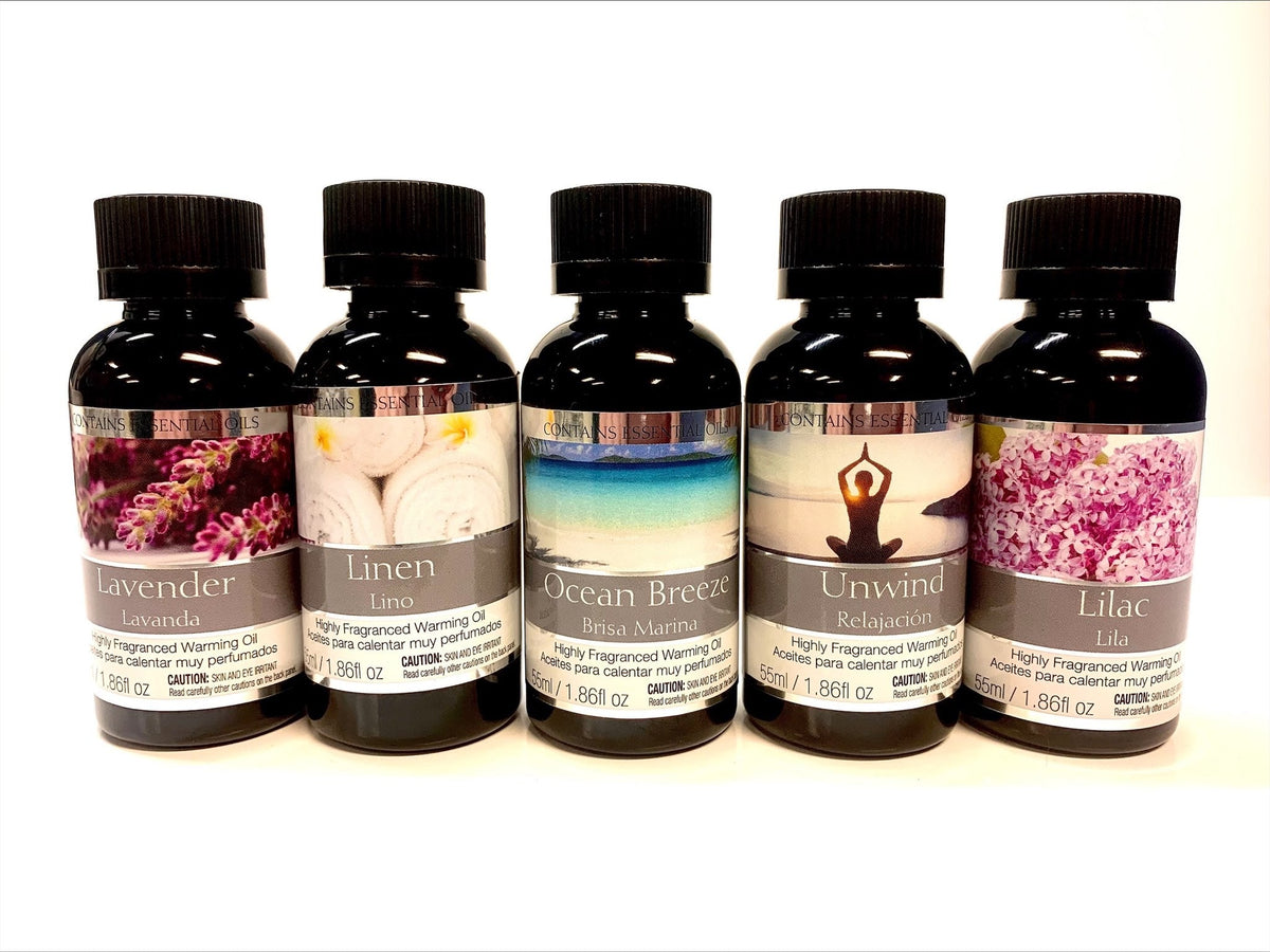 Set of 5 Assorted Fragrance Warming Oils 55ml Each-Lavender, Linen, Ocean Breeze, Unwind, Lilac. Ideal for spa Meditation Bathroom Wellness