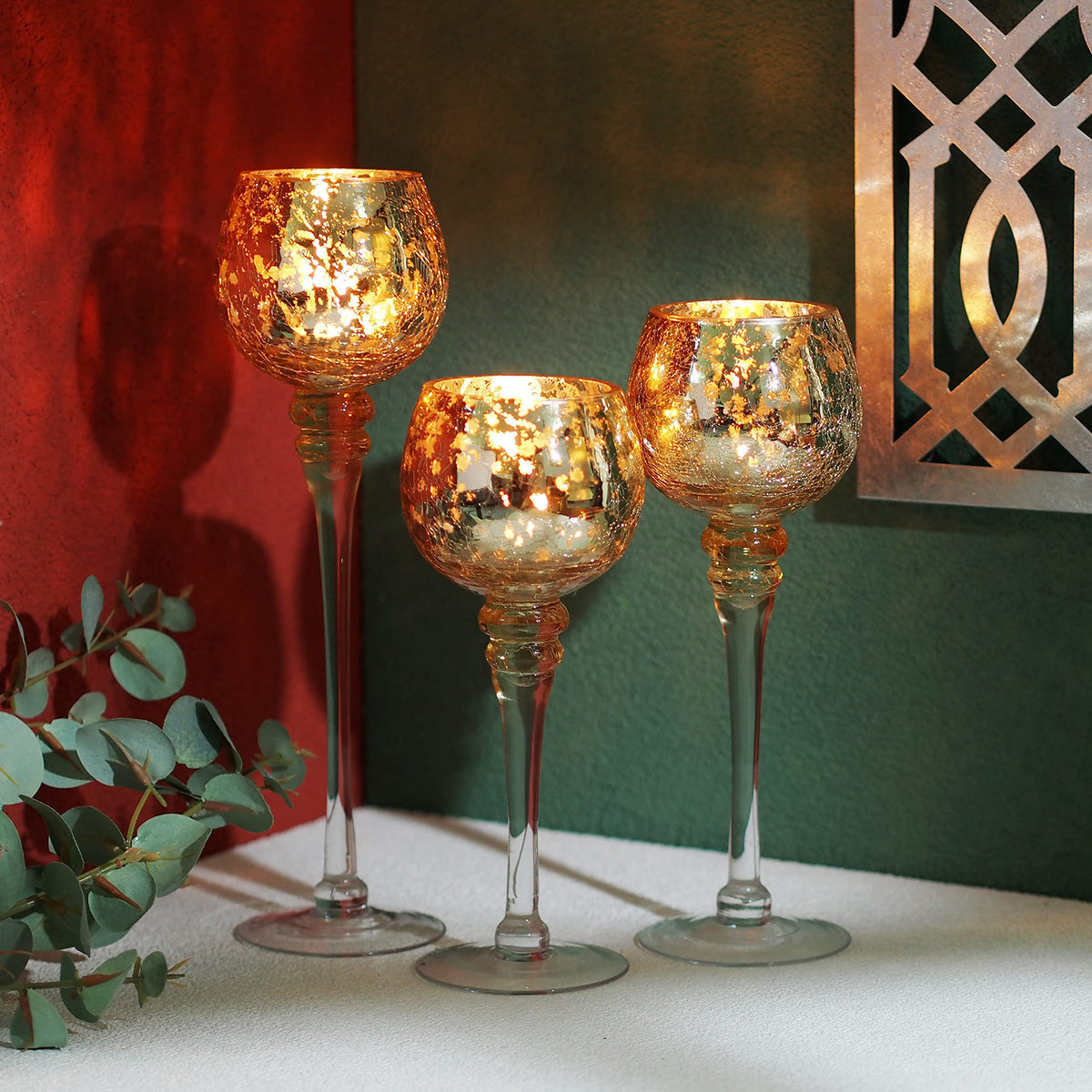 HOSLEY® Long Stem Glass Crackle Tealight Holders, Metallic Gold Finish, Set of 3,   9", 10" & 12"High