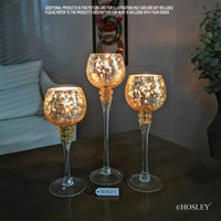 HOSLEY® Long Stem Glass Crackle Tealight Holders, Metallic Gold Finish, Set of 3,   9", 10" & 12"High