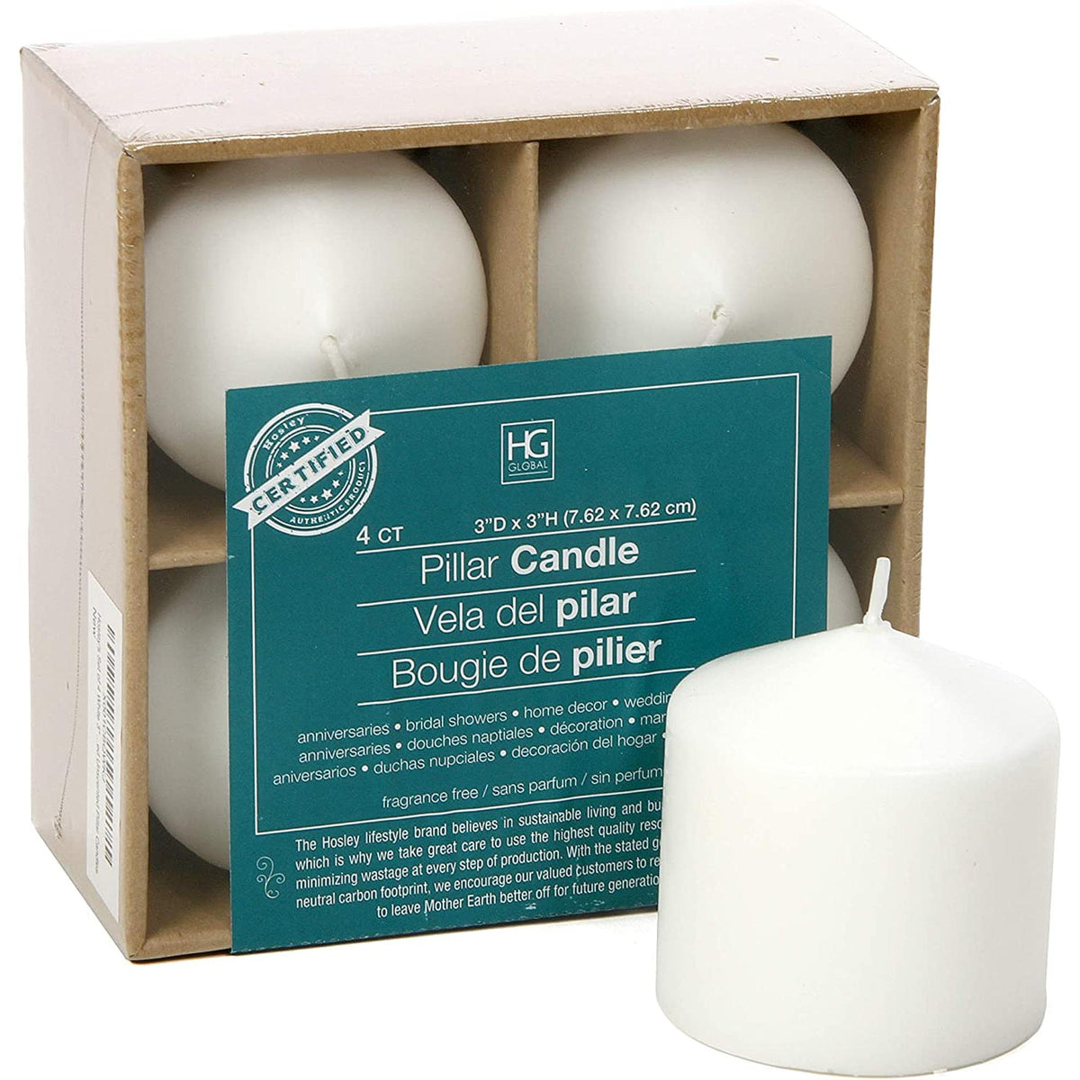 HOSLEY®  Unscented Pillar Candles, White Color, Set of 4, 3 inches High each