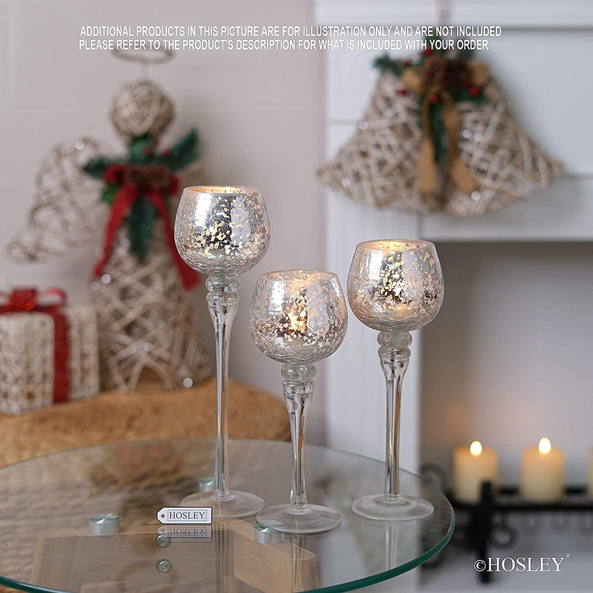 HOSLEY® Long Stem Glass Crackle Tealight Holders, Metallic Silver  Finish, Set of 3,   9", 10" & 12"High