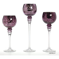 HOSLEY® Long Stem Glass Crackle Tealight Holders, Metallic Purple Finish, Set of 3,   9", 10" & 12"High