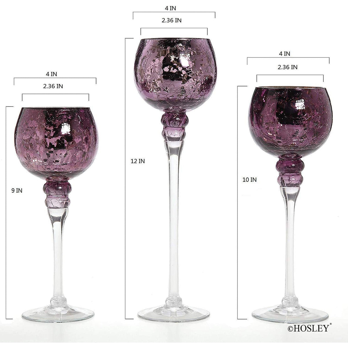 HOSLEY® Long Stem Glass Crackle Tealight Holders, Metallic Purple Finish, Set of 3,   9", 10" & 12"High