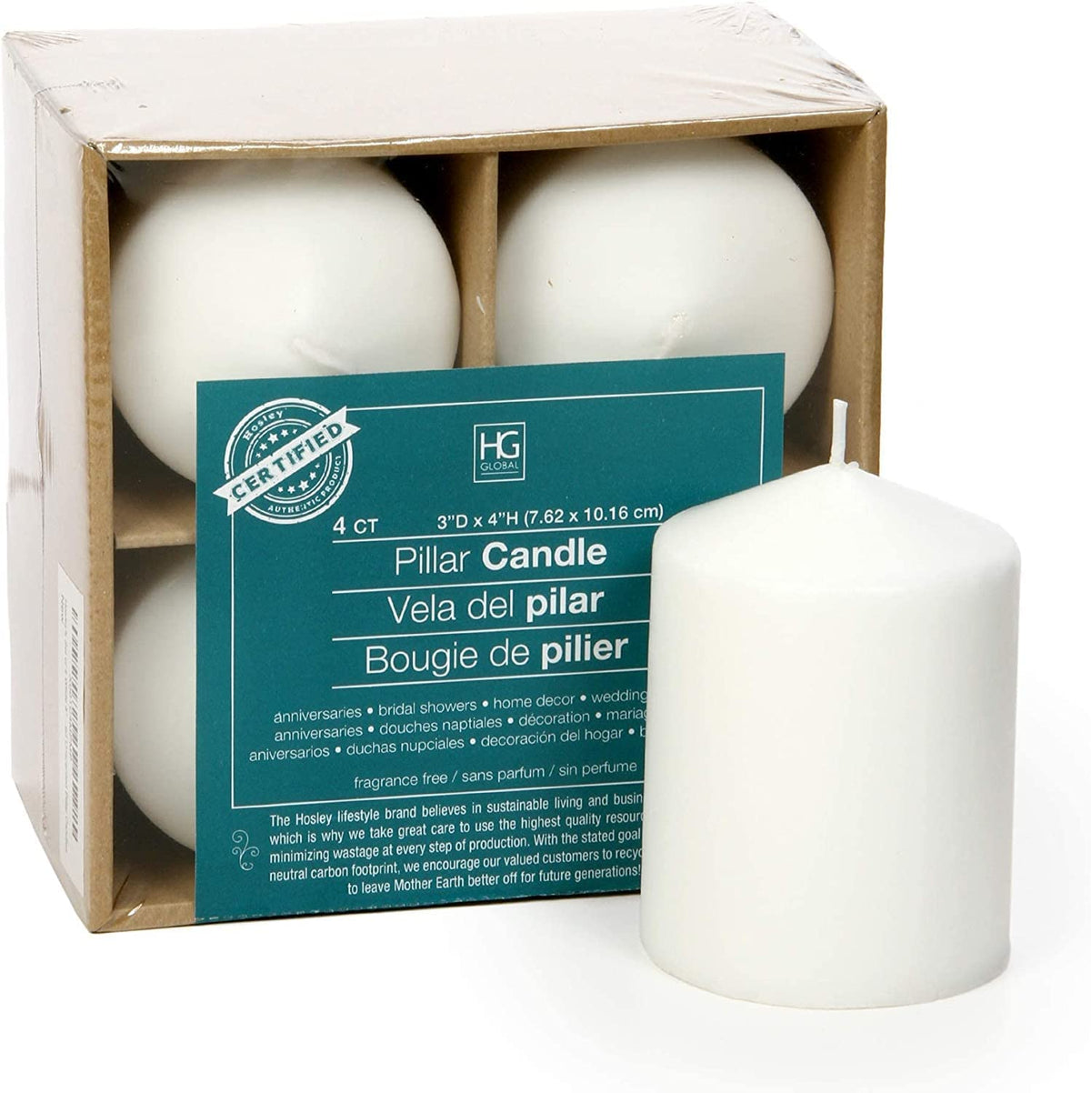 Unscented Pillar Candles, White Color, Set of 4, 4 inches High each