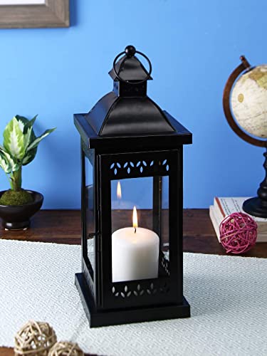 15 Inch High Large Clear Glass Iron Classic Style Lantern Black. Ideal Gift for Parties Weddings Aromatherapy and LED Spa Settings