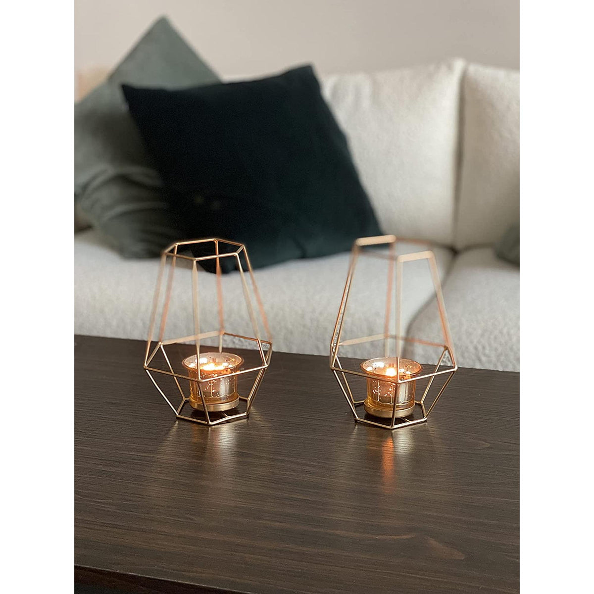 Iron Lantern With Metallic Gold Glass Tealight holders, Set of 2, 7 inches High each