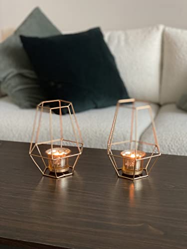 Iron Lantern With Metallic Gold Glass Tealight holders, Set of 2, 7 inches High each