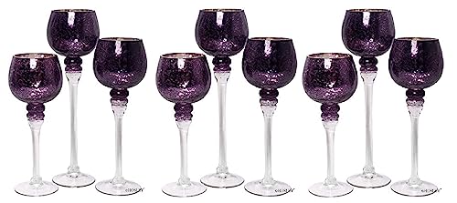 3 Sets Crackle Purple Glass Tealight Holders Set /3-12 Inch, 10 Inch, 9 Inch Ideal for Weddings Special Events Parties Also Makes a Great Gift