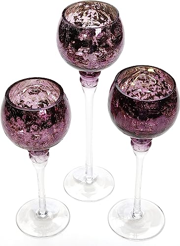 3 Sets Crackle Purple Glass Tealight Holders Set /3-12 Inch, 10 Inch, 9 Inch Ideal for Weddings Special Events Parties Also Makes a Great Gift