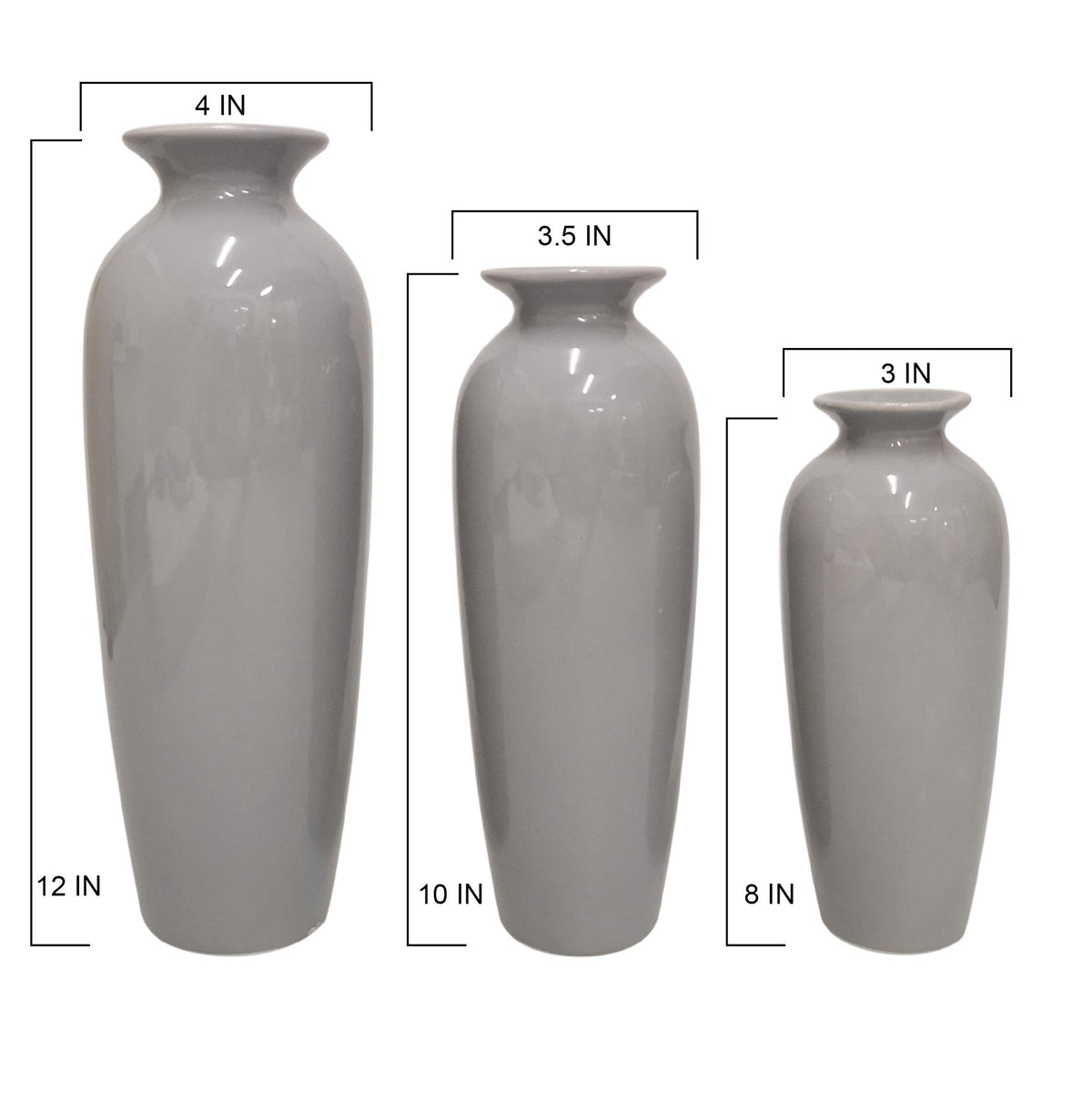 Ceramic Vases ,Grey Glazed, Set of 3,  12", 10", 8"High