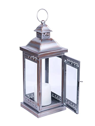 15 Inch High Large Clear Glass Iron Classic Style Lantern Silver Vanish. Ideal Gift for Parties Weddings Aromatherapy and LED Spa Settings