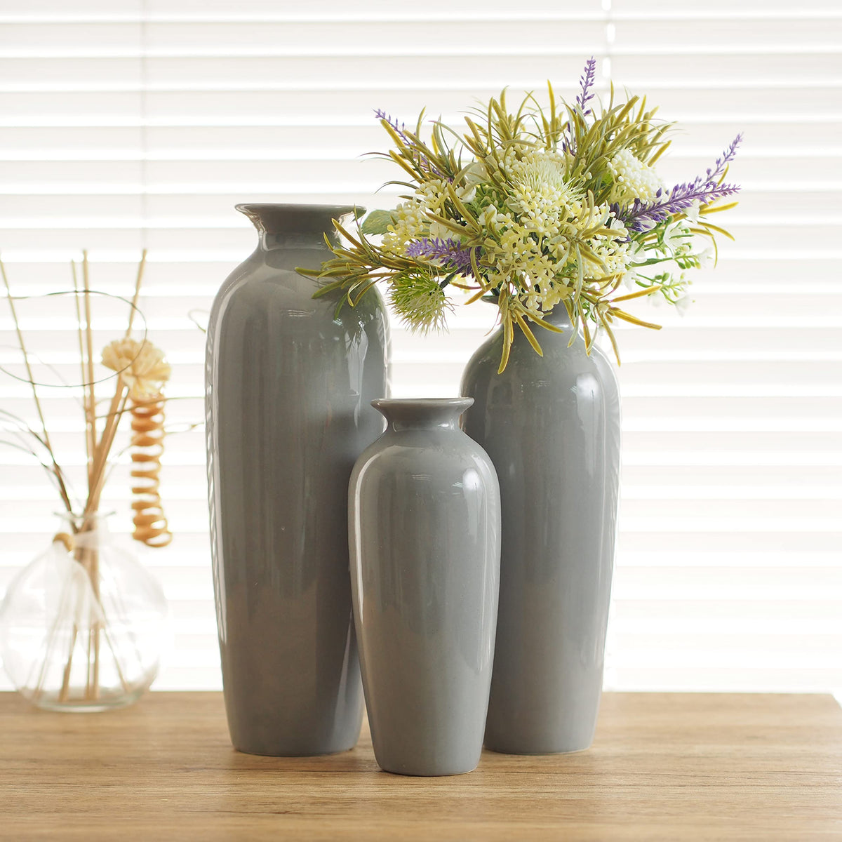 Ceramic Vases ,Grey Glazed, Set of 3,  12", 10", 8"High